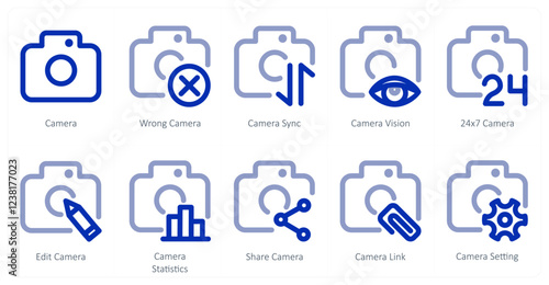 A set of 10 camera icons as camera, wrong camera, camera sync
