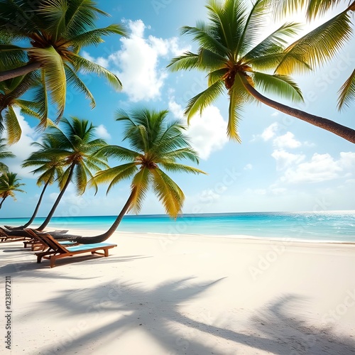 Sunny tropical Caribbean beach with palm trees and turquoise water, caribbean island vacation, hot summer day photo