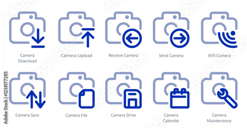 A set of 10 camera icons as camera download, camera upload, receive camera