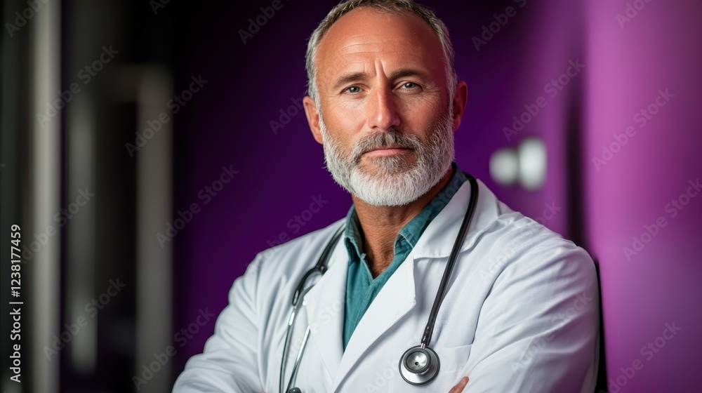 This powerful portrait features a confident male doctor in a white coat and stethoscope, standing against a purple background, representing professionalism and trust in healthcare. This powerful portrait features a confident male doctor in a white coat and stethoscope, standing against a purple background, representing professionalism and trust in healthcare.