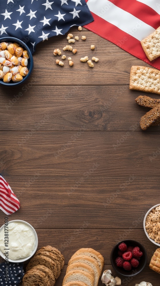 A table with a variety of snacks and a red, white, and blue American flag A table with a variety of snacks and a red, white, and blue American flag