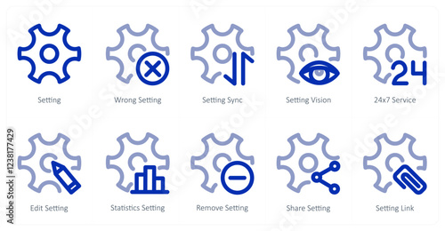A set of 10 settings icons as setting, wrong setting, setting sync