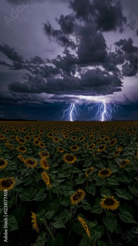 A vast field of blooming sunflowers under a dramatic stormy sky, distant lightning flashes illuminating the horizon.