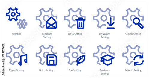 A set of 10 settings icons as settings, message setting, trash setting