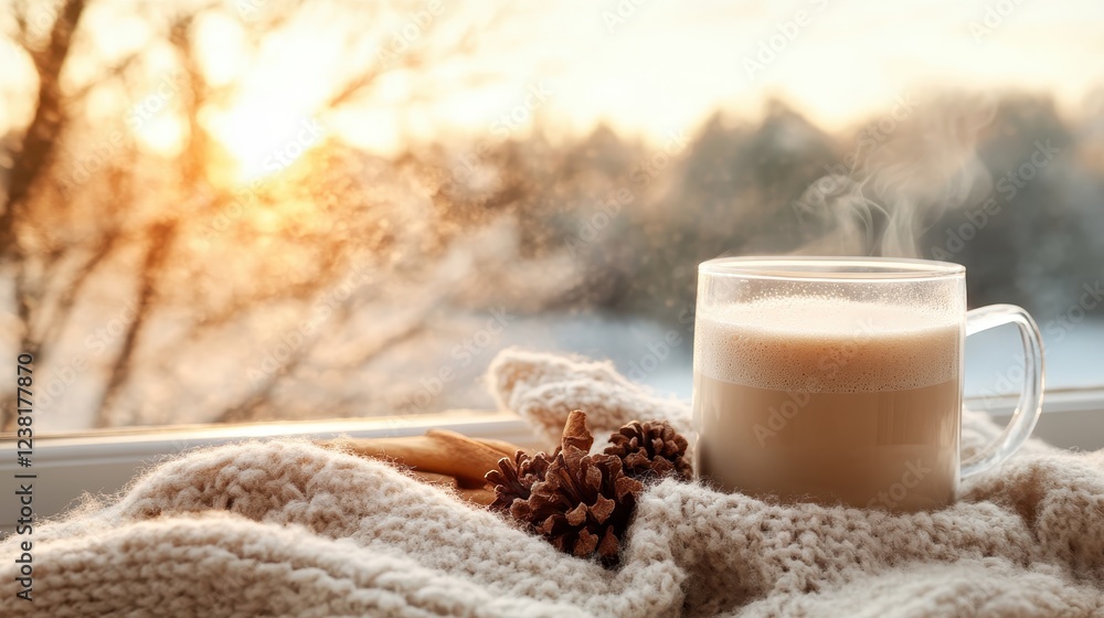 A steaming glass of coffee sits on a soft knitted scarf with pinecones in the background, capturing the essence of warmth and comfort during winter days. A steaming glass of coffee sits on a soft knitted scarf with pinecones in the background, capturing the essence of warmth and comfort during winter days.