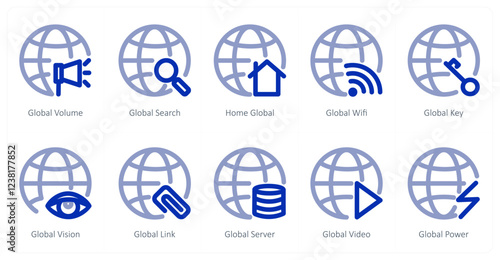 A set of 10 global icons as global volume, global search, home global