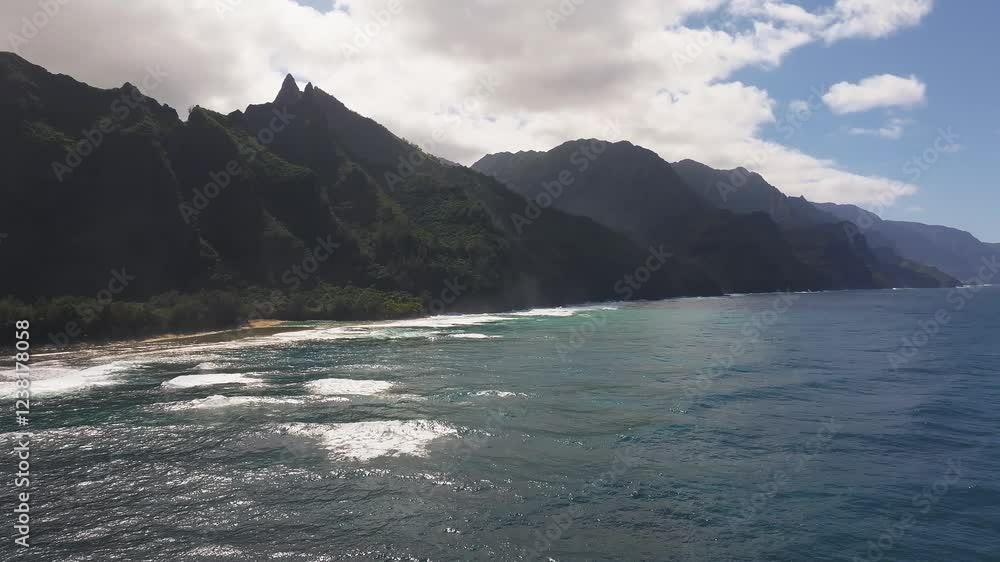 Sweeping aerial view of Kauai Island's coastline, featuring deep blue ocean, lush green cliffs, and dense vegetation under a clear sky. Sweeping aerial view of Kauai Island's coastline, featuring deep blue ocean, lush green cliffs, and dense vegetation under a clear sky.
