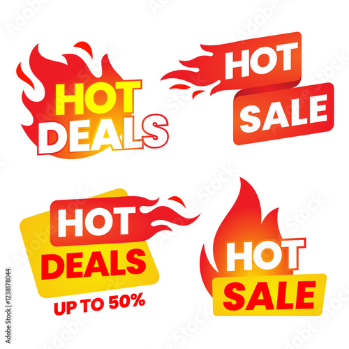 set hot sale badge banner template. fire tag discount stickers