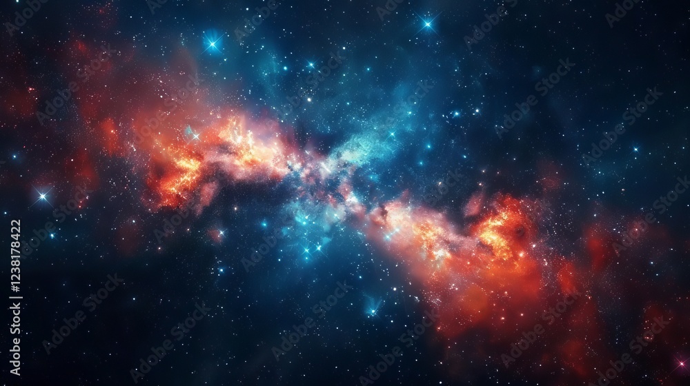 Obraz premium Majestic cosmic panorama of a swirling nebula surrounded by glimmering galaxies in the depths of outer space, featuring an ethereal abstract cosmos background