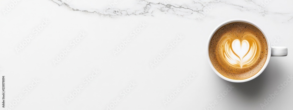 Fototapeta premium A white coffee cup with a heart design on it sits on a white countertop