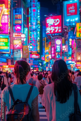 Wallpaper Mural Tourists crossing the busy Shibuya Crossing in Tokyo, vibrant neon signs illuminating the night Torontodigital.ca