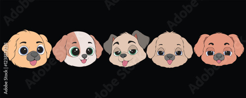 Bundling Head Dog Character Illustration, Coloring Book Page with Dog, Isolated Head Dog with Black Background.