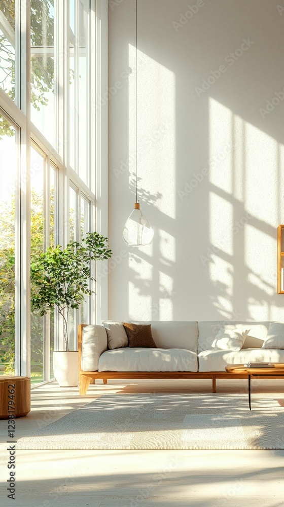 Fototapeta premium Bright and Airy Living Room with Large Windows and Modern Furniture