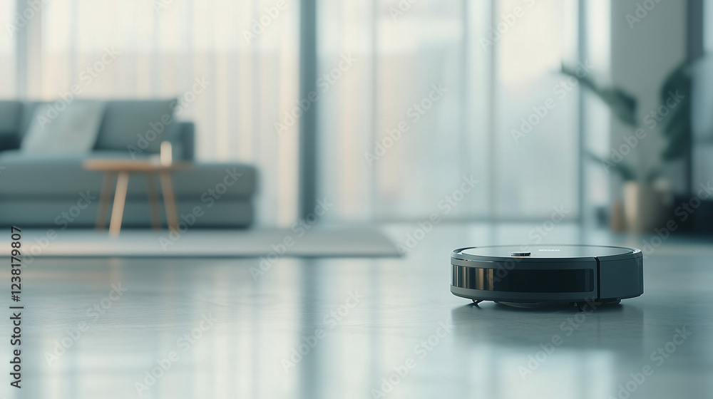 Smart Home Cleaning Robot: A sleek, modern robotic vacuum cleaner diligently cleans a polished floor in a stylish living room, showcasing effortless automation and technological advancement. Smart Home Cleaning Robot: A sleek, modern robotic vacuum cleaner diligently cleans a polished floor in a stylish living room, showcasing effortless automation and technological advancement.