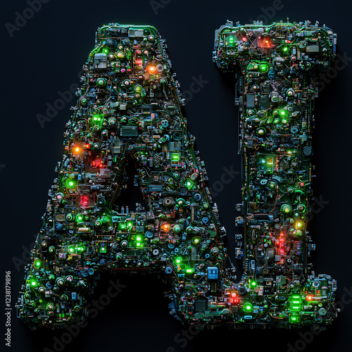 AI letters built from green glowing circuits, wires, and electronic components on a dark background