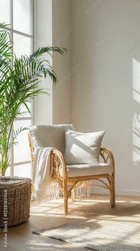 Fototapeta premium Cozy Rattan Chair with Soft Cushions in Bright Modern Interior