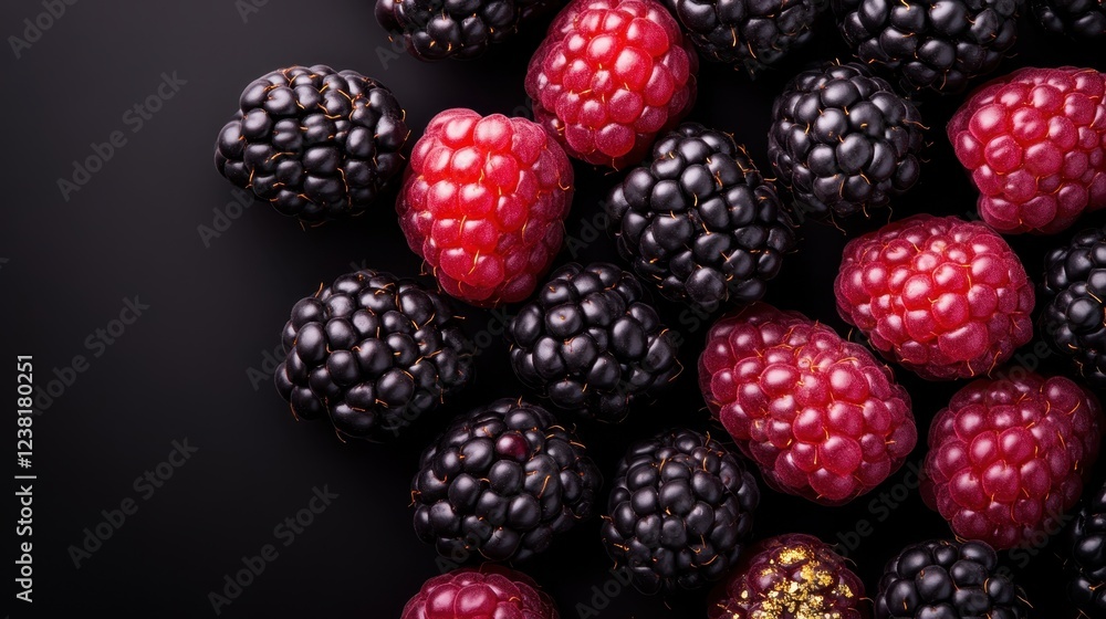 A vibrant assortment of fresh raspberries and blackberries arranged on a dark surface, showcasing their rich colors and textures ideal for stock imagery. A vibrant assortment of fresh raspberries and blackberries arranged on a dark surface, showcasing their rich colors and textures ideal for stock imagery.