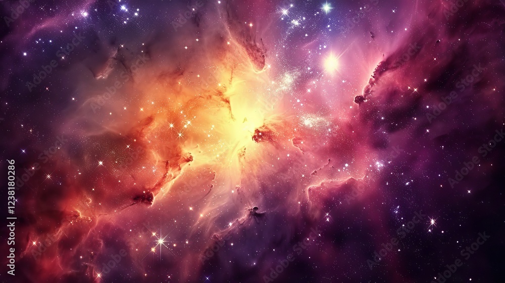 Naklejka premium Majestic cosmic panorama of a swirling nebula surrounded by glimmering galaxies in the depths of outer space, featuring an ethereal abstract cosmos background