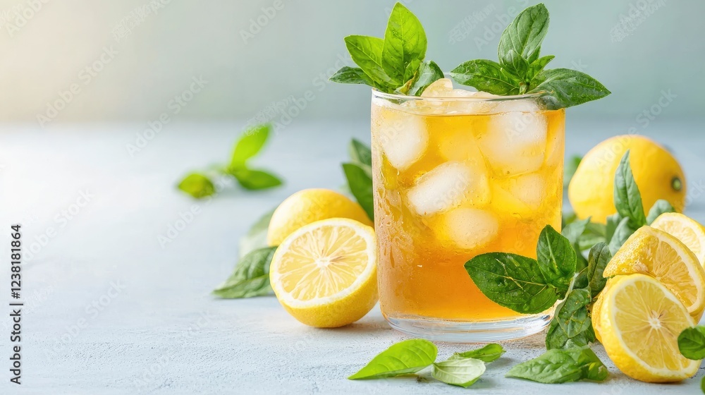 Fototapeta premium Iced tea with lemon and mint on light blue background