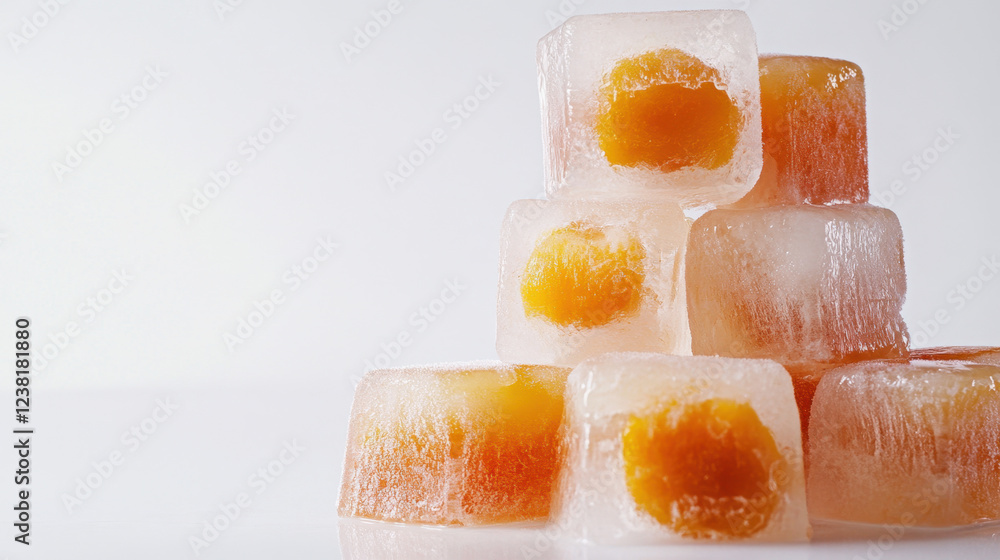 Frozen cubes feature a vibrant orange center, stacked artfully on a clean white surface. The contrast creates a refreshing visual, ideal for summer-themed drinks or desserts Frozen cubes feature a vibrant orange center, stacked artfully on a clean white surface. The contrast creates a refreshing visual, ideal for summer-themed drinks or desserts