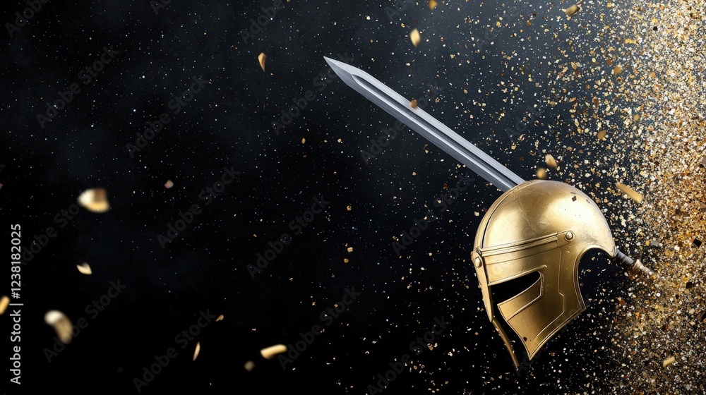 Naklejka premium A golden helmet with a sword is flying through the air