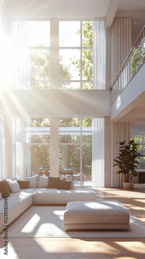 Fototapeta premium Bright and Airy Modern Living Room with Large Windows and Plants
