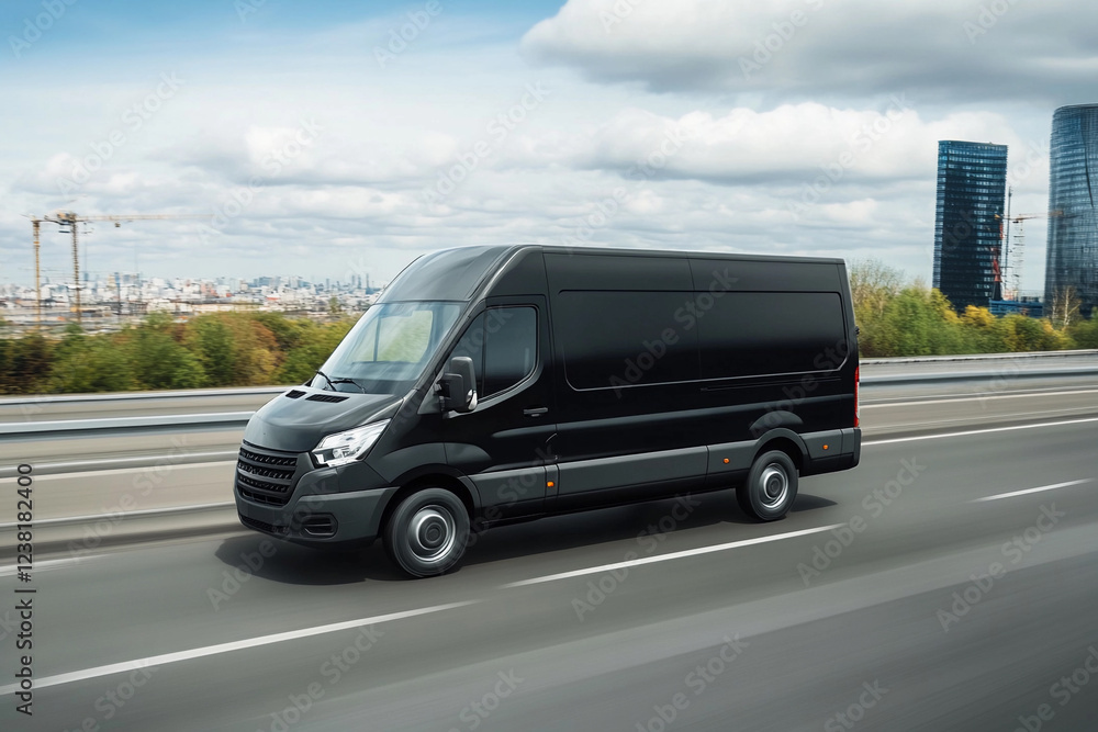Black van driving on highway near city skyline Black van driving on highway near city skyline