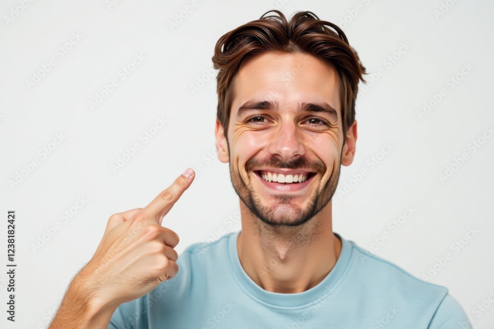 Man pointing to his white, healthy teeth, showcasing oral hygiene. Dental care, smile, healthy teeth concept. Man pointing to his white, healthy teeth, showcasing oral hygiene. Dental care, smile, healthy teeth concept.