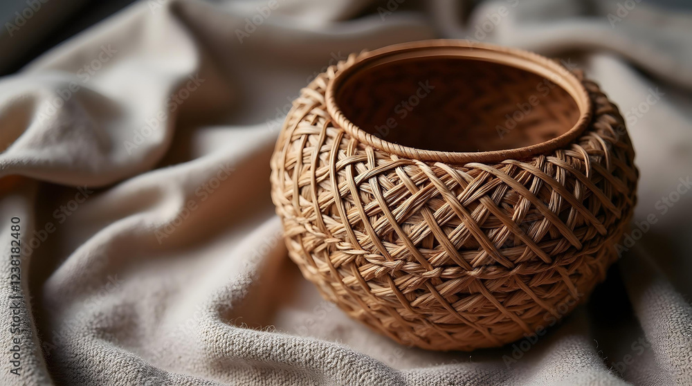 A small, round, woven basket rests on a folded, light-colored cloth, highlighting its texture and craftsmanship A small, round, woven basket rests on a folded, light-colored cloth, highlighting its texture and craftsmanship