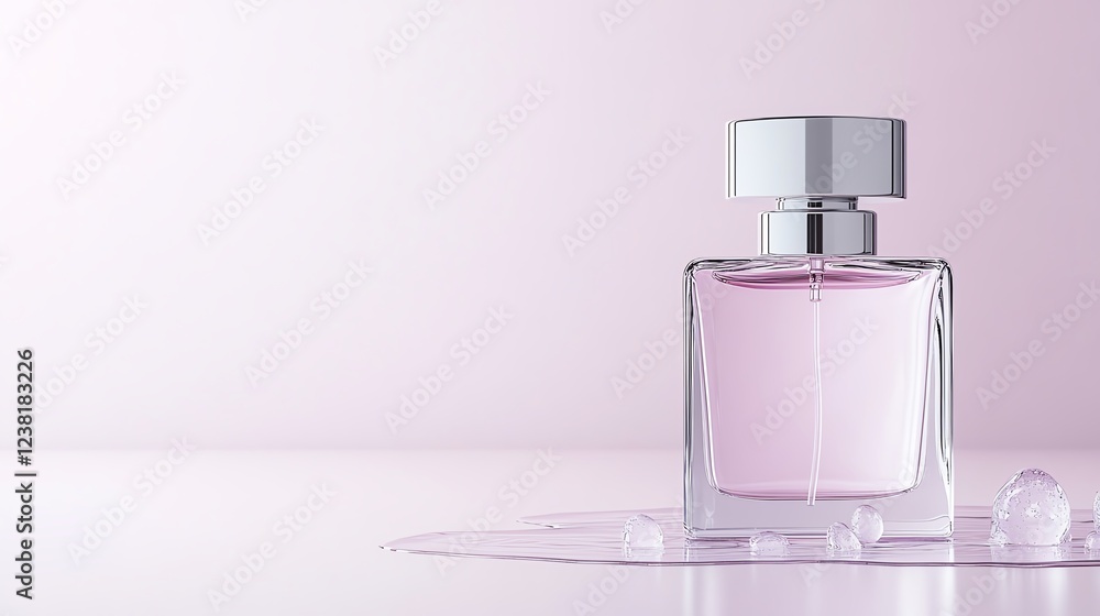 Elegant perfume bottle on a glossy surface with a soft pink background for luxury and style concepts. Elegant perfume bottle on a glossy surface with a soft pink background for luxury and style concepts.