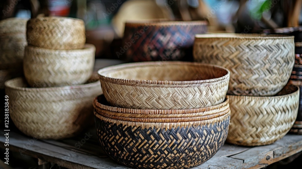 Handcrafted Woven Baskets Displayed on Rustic Wooden Table