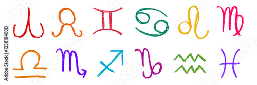 Zodiac Signs Crayon Chalk Drawing Vector Set