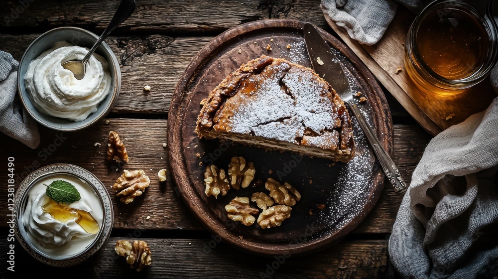 Delicious homemade cake with walnuts and whipped cream on wooden table Delicious homemade cake with walnuts and whipped cream on wooden table