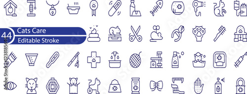 Cats Care Line Editable Icons set. Vector illustration in modern thin line style of pets keeping related icons accessories, toys, hygiene products, food, and more.