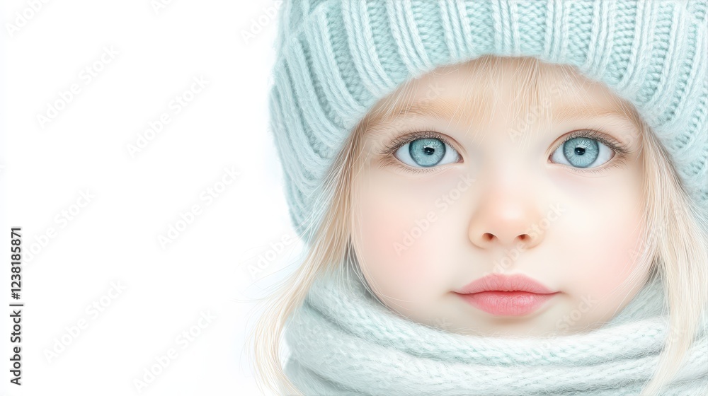 Adorable little girl in knit hat and scarf, a cozy winter portrait Adorable little girl in knit hat and scarf, a cozy winter portrait