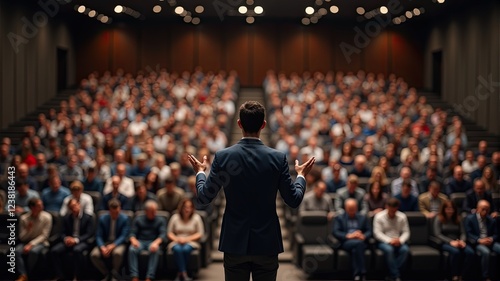 Wallpaper Mural Dynamic Speaker Engaging Large Audience at Conference Torontodigital.ca