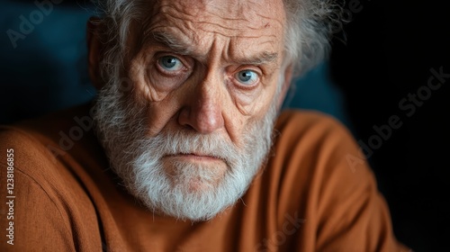 A contemplative elderly man viewed in a soft light, expressing deep thoughts through his somber gaze, revealing a depth of character and emotional resonance. photo