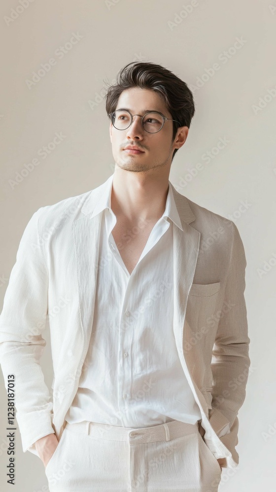 Stylish Young Man in Elegant Suit with Glasses Posing Calmly Stylish Young Man in Elegant Suit with Glasses Posing Calmly