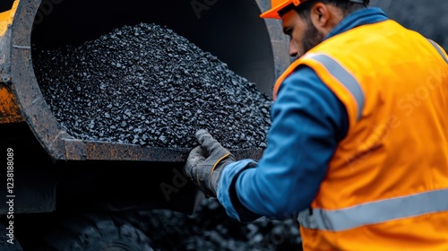 Wallpaper Mural A worker in safety gear handling coal from a truck's hopper. Torontodigital.ca