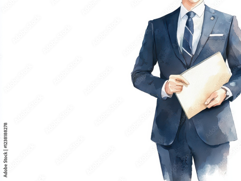 Businessman in suit holding clipboard, survey, notes and business management