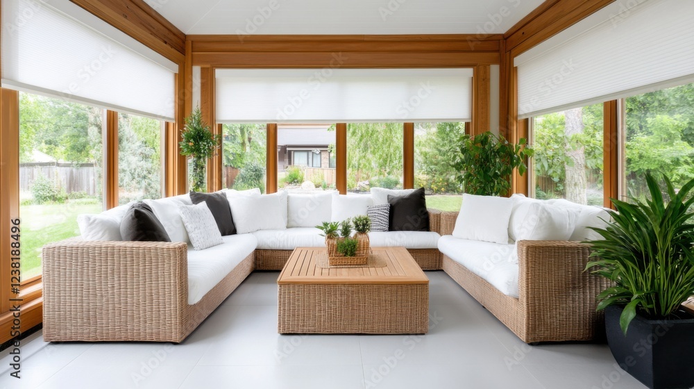 Modern and Bright Sunroom with Comfortable Seating and Greenery Overlooking a Lush Garden Landscape Modern and Bright Sunroom with Comfortable Seating and Greenery Overlooking a Lush Garden Landscape