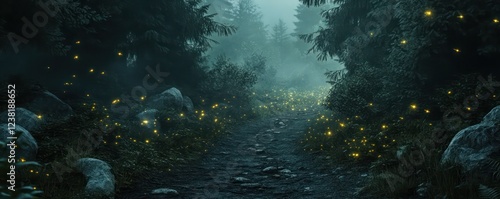 drk nd misty forest pth with glowing fireflies scttered throughout photo