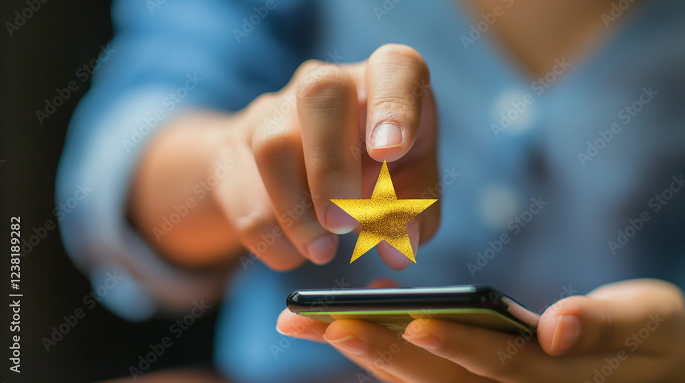 Fototapeta premium Customer review satisfaction feedback survey concept. User give rating to service excellent experience on mobile phone application, Client evaluate quality of service reputation ranking of business