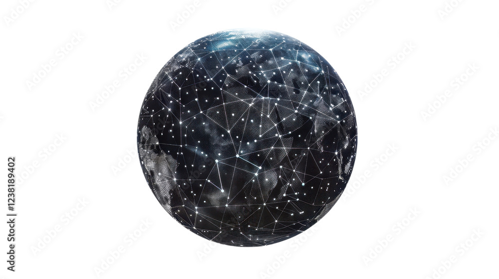 Planet earth rotating with glowing lines showing international connections on transparent background