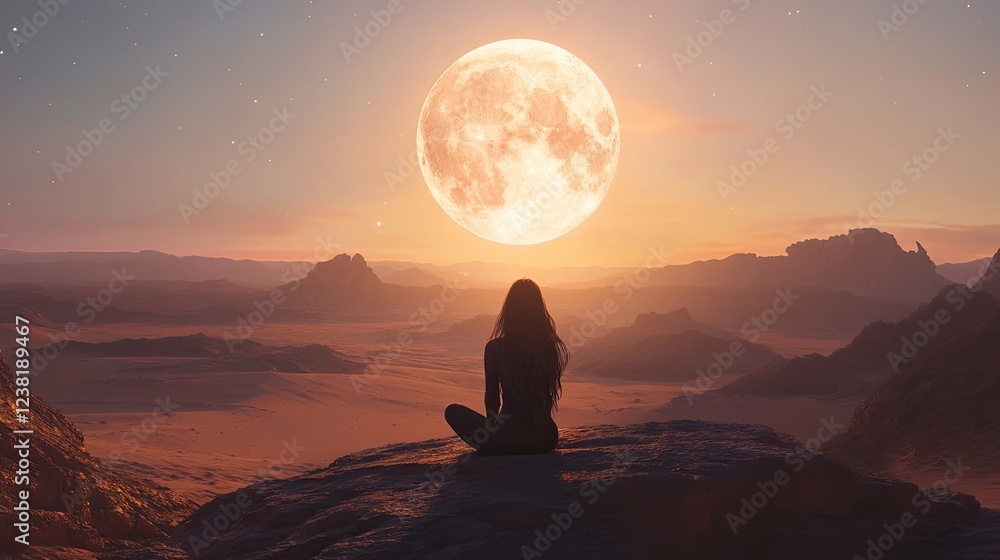 Obraz premium A full moon shining brightly over an open desert, symbolizing power and the quiet beauty of women.