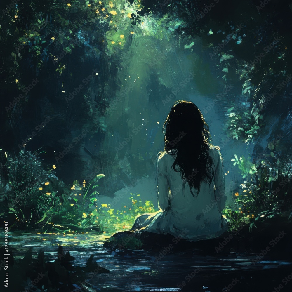Enchanted Forest Scene with a Young Woman Surrounded by Nature Enchanted Forest Scene with a Young Woman Surrounded by Nature