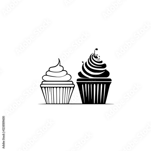 Two Cupcakes: A Black and White Delight. This image showcases two cupcakes, one with vanilla frosting and the other with chocolate, creating a visually appealing contrast.