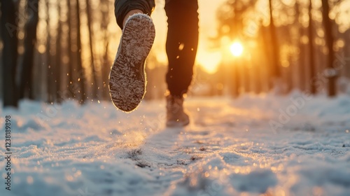 Close-up of jogging feet leaving fresh prints in the snow as the sun sets in the backdrop, symbolizing movement and the fleeting moments of the day. photo