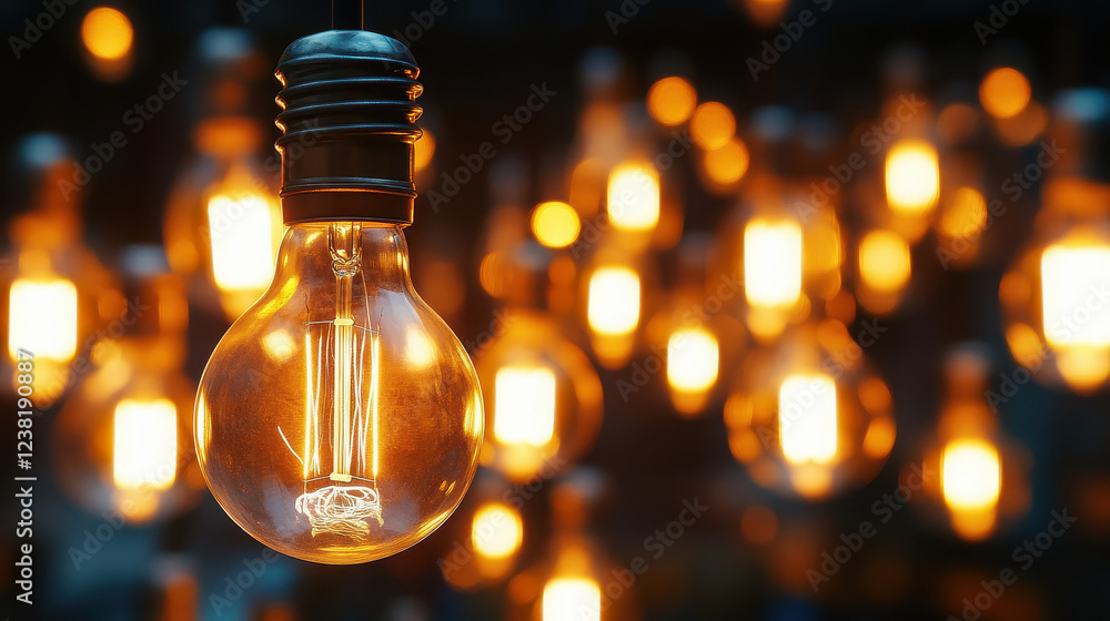 A collection of glowing light bulbs illuminating a dark space. A collection of glowing light bulbs illuminating a dark space.