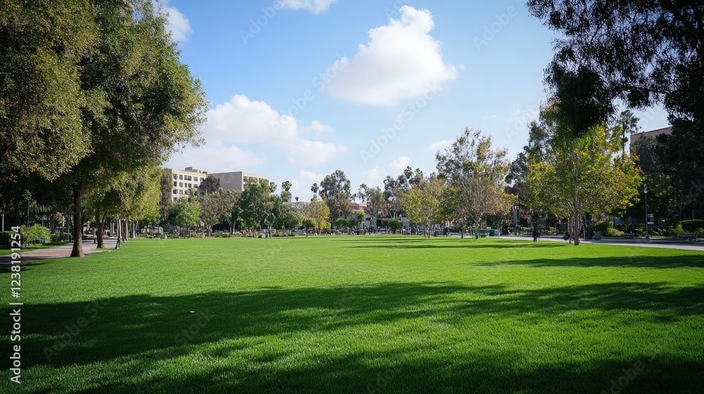 A peaceful city park on a sunny afternoon, with well-maintained green grass and trees A peaceful city park on a sunny afternoon, with well-maintained green grass and trees
